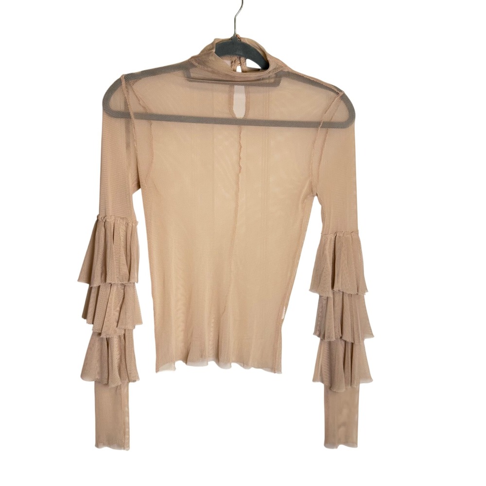 Romantic Goth Ballerina Core Y2K Blush Sheer Mesh Mock Neck Ruffle Sleeve Top M